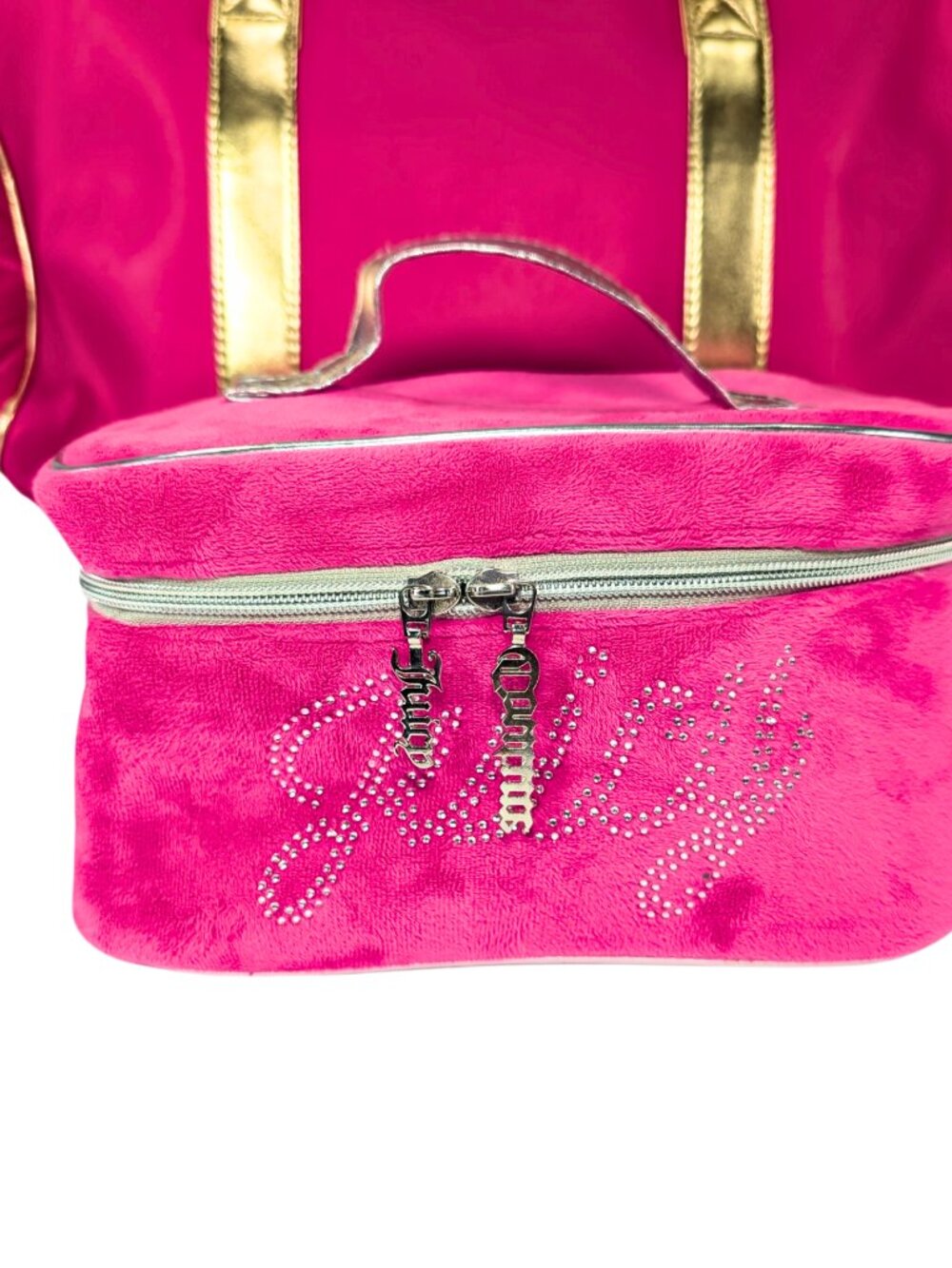 Juicy Couture Hot Pink 2-Piece Travel Gym Overnight Duffel Velour Cosmetic Bag - Picture 2 of 11